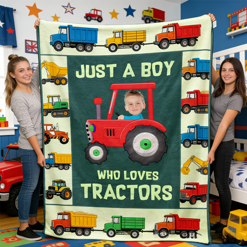 Personalized Just A kid Who Loves Tractors Baby Photo Blanket with Name Home Decor Birthday Gift for Kids