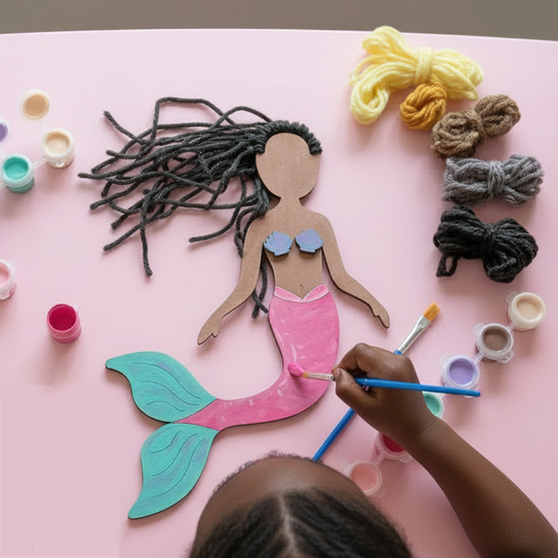 Personalized DIY Mermaid Self-portrait Craft Kit for Kids Wooden Painting and Yarn Hair Design with Custom Name