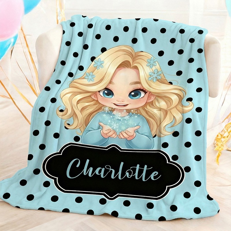 Personalized Girl Theme Custom Name Cute Pink Polka Dot Cartoon Character Style Soft Blanket