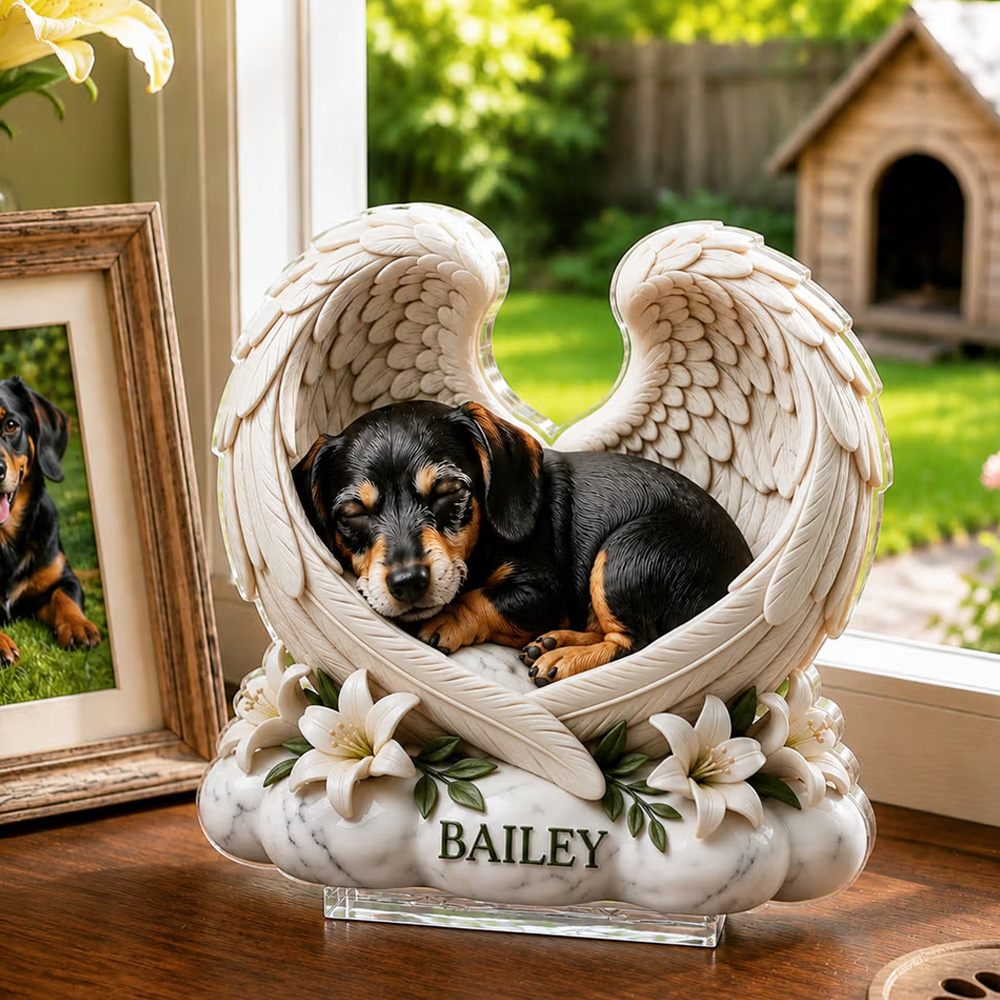Personalized 3D-Effect Artwork Dog Cat Pet Photo Angel Wings Clear Acrylic Plaque with Name Memorial Gift for Pet Owners Lovers