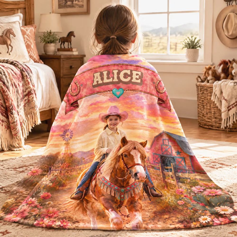 Personalized Vintage Cowgirl Horse Photo Soft Throw Blanket with Name Daily Use Birthday Christmas Gift for Girls Daughters Horse Lovers