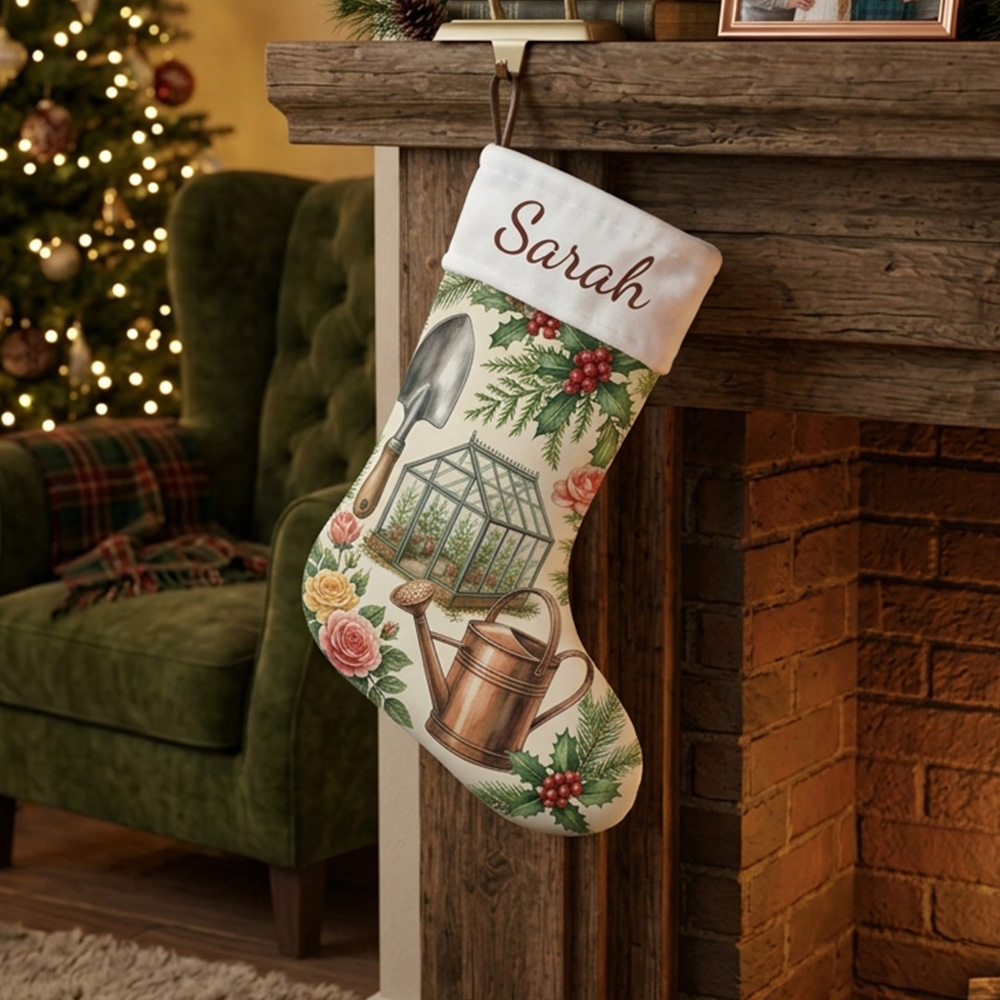 Personalized Gardener Christmas Stocking Custom Name Gardening Plants Watering Can Gloves Gift For Garden Lover Holiday Fireplace Mantel Decoration Gift for Mom and Grandma