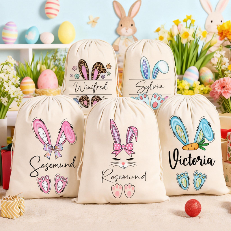 Personalized Bunny Drawstring Bags Custom Name Bunny Designs for Egg Hunts Easter Party Favors Bunny Drawstring Bags Reusable Easter Bags