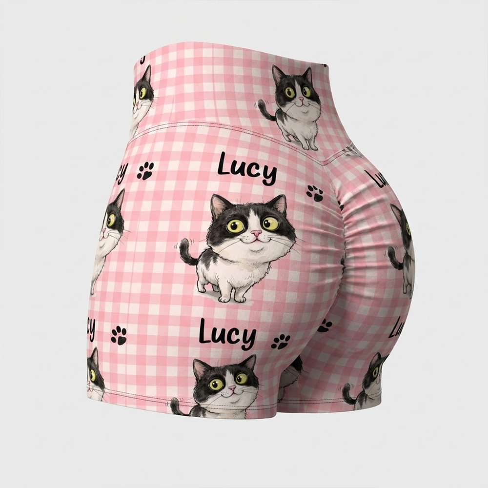 Personalized Pet Lover Name Print Gingham High Waisted Scrunch Butt Shorts Custom Pet Photo Yoga Workout Shorts For Women