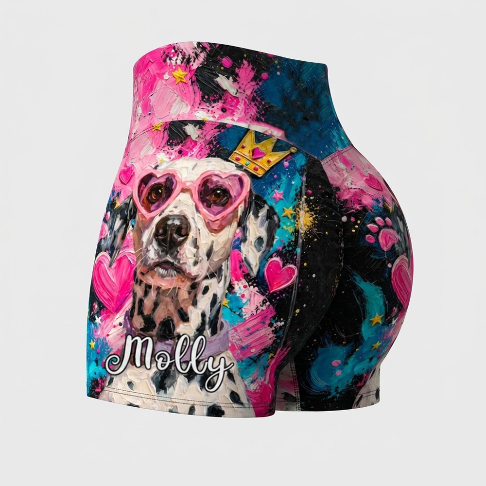 Personalized Pet Lover Art Pink Heart High Waisted Scrunch Butt Workout Shorts Custom Pet Name Yoga Shorts For Women