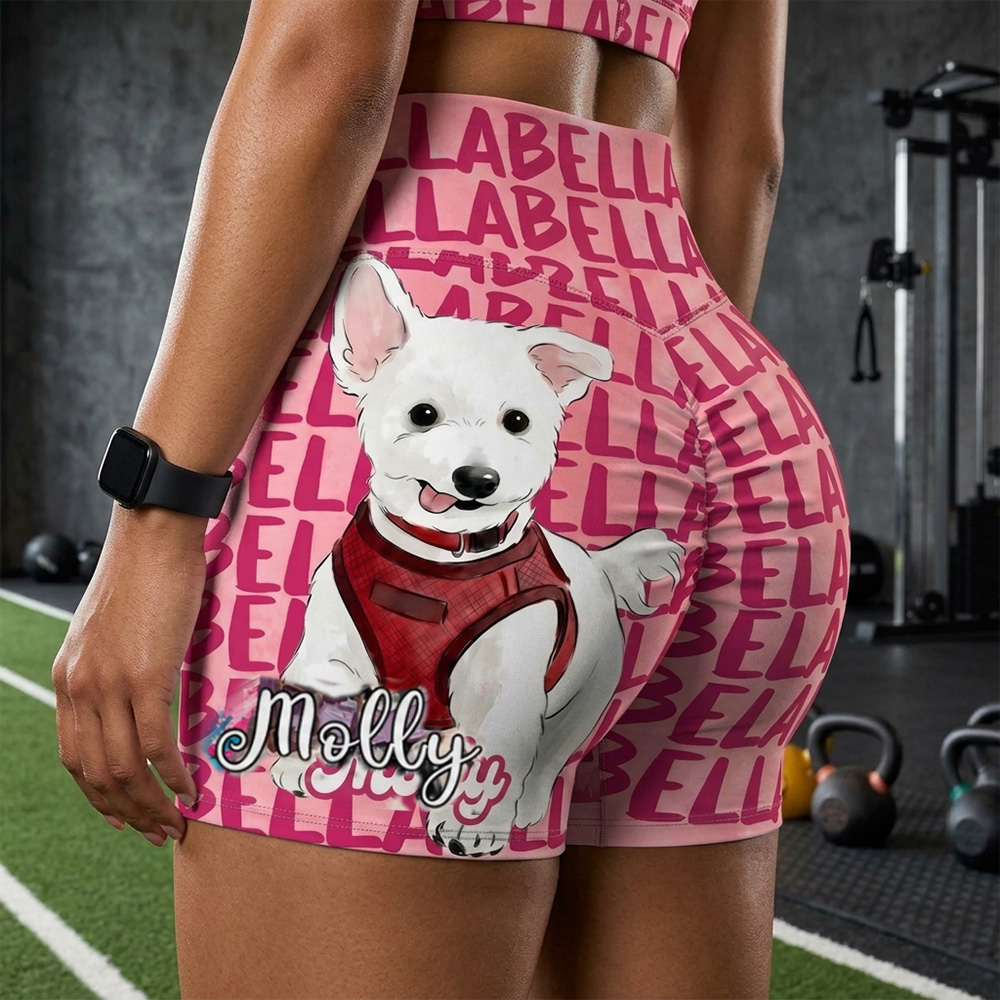 Personalized Pet Lover Name All Over Print High Waisted Scrunch Butt Workout Shorts Custom Pet Photo Yoga Shorts