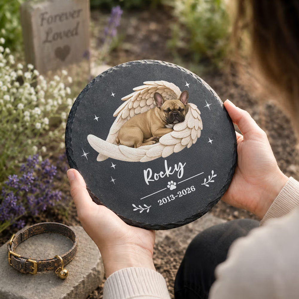 Personalized Angel Wing Pet Photo Round Heart-Shaped Garden Stone with Name and Year Garden Decor Memorial Gift for Dog Cat Owners