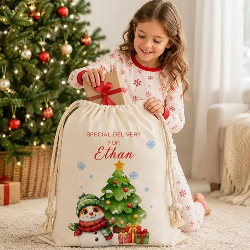 Personalized Christmas Tree Snowman Gift Sack Custom Name Large Santa Bag Reusable Holiday Present Storage Kids Christmas Bag