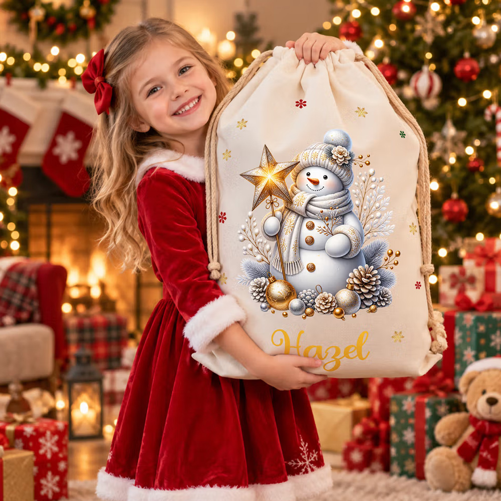 Personalized Cute Snowman Canvas Drawstring Gift Bag with Name Christmas Gift for Boys Girls