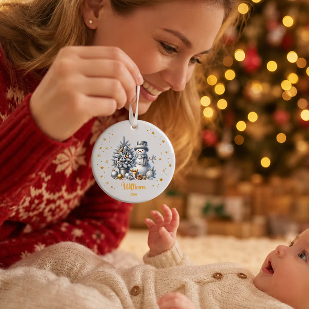 Personalized Christmas Theme Silver Snowman Star Heart Round Ceramic Ornament with Name and Year Christmas Holiday Gift for Family Friends