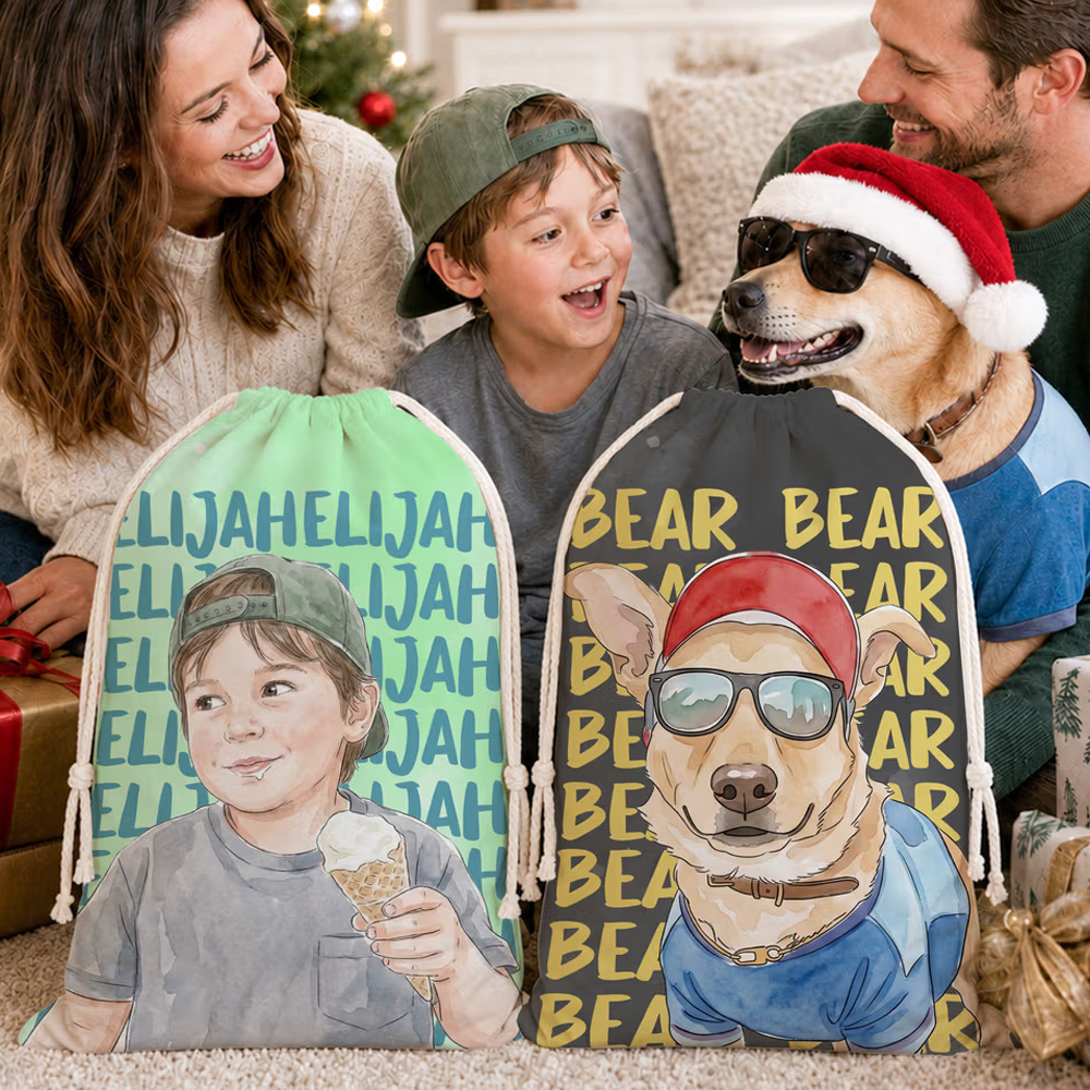 Personalized Watercolor Style Photo Canvas Drawstring Gift Bag with Name Christmas Eve Party Gift for Kids