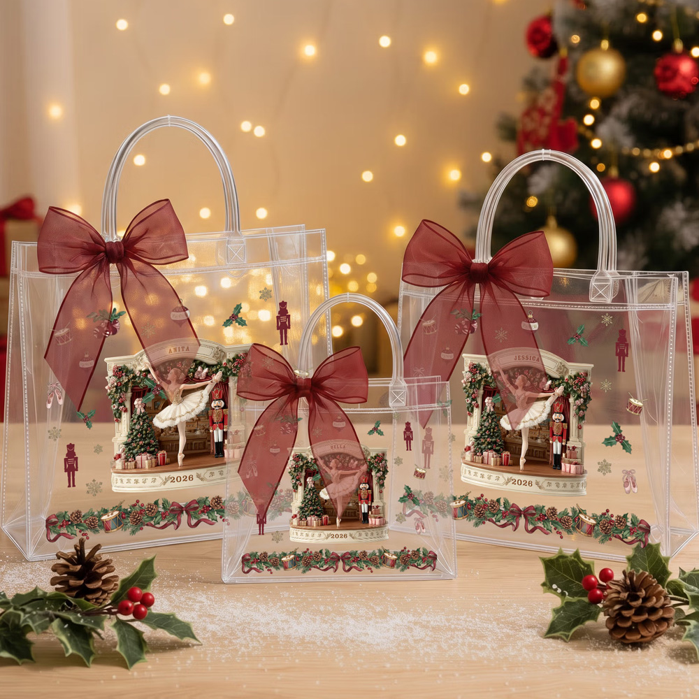 Personalized Name Year Nutcracker Ballerina Christmas Gift Bag with Burgundy Bow Ribbon PVC Clear Tote Bag, Christmas Gift for Ballet Lovers