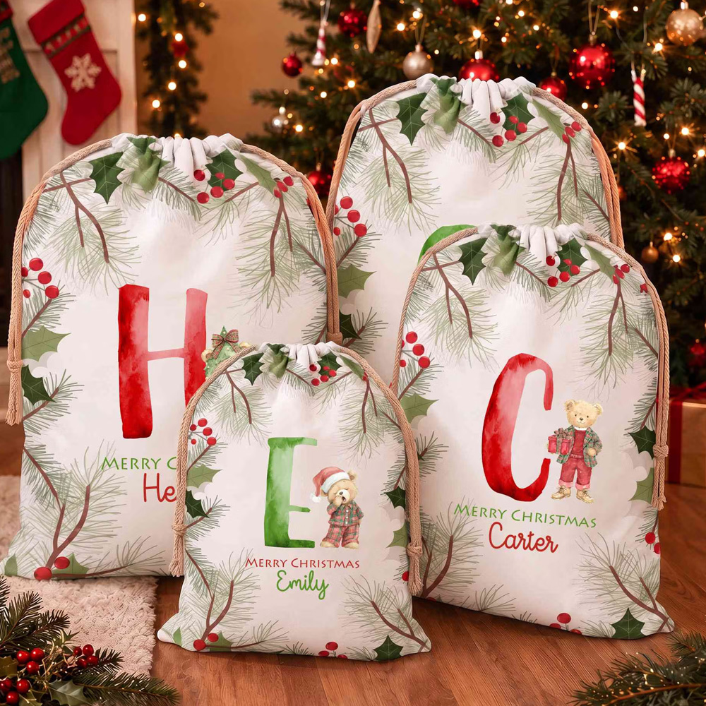 Personalized Name Initial Holly Christmas Teddy Bear Gift Bag Canvas Santa Sack with Drawstring Holiday Party Favor Christmas Gift for Kids