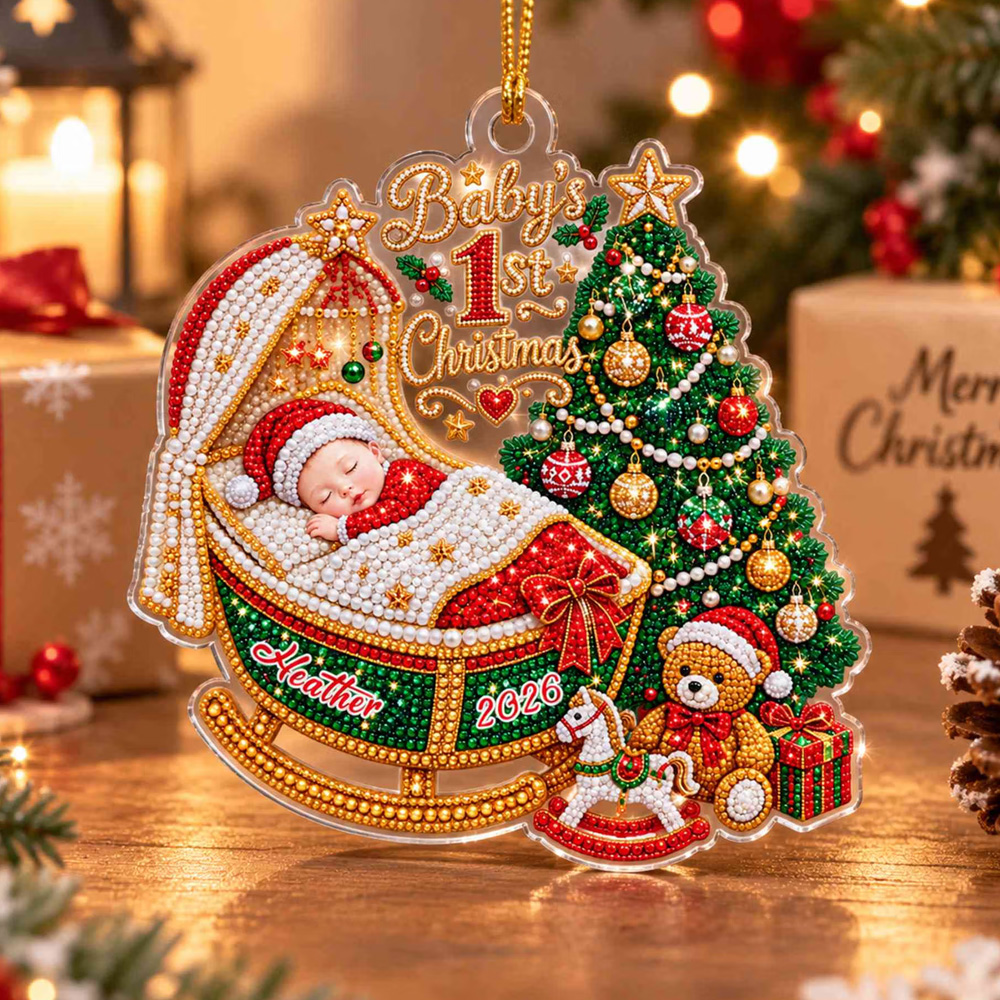 Personalized Name Year Pearl Beaded Effect Baby’s 1st Christmas Ornament Acrylic Holiday Tree Decor Newborn Baby Keepsake Gift for New Parents