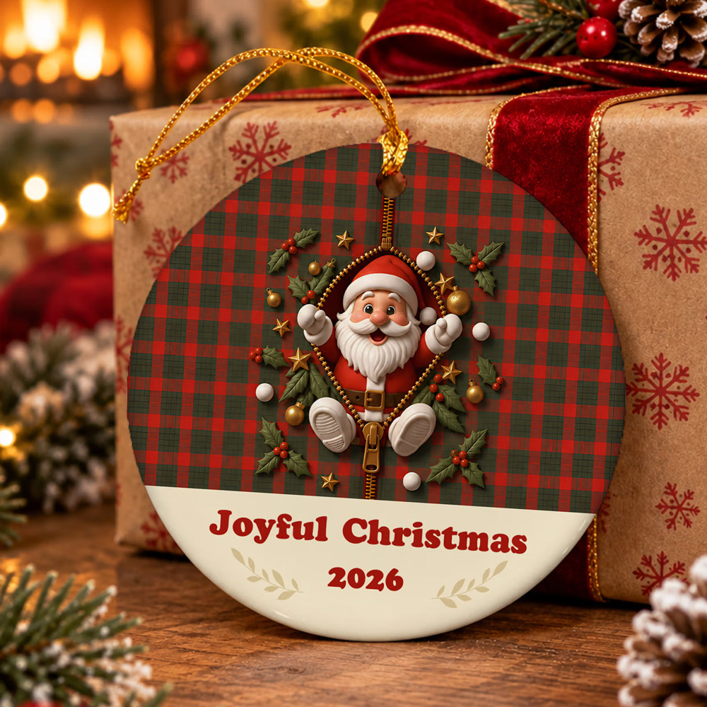 Personalized 3D Cartoon Zipper Christmas Character Plaid Ornament with Text Year Round Ceramic Holiday Tree Decor Christmas Gift for Kids Family