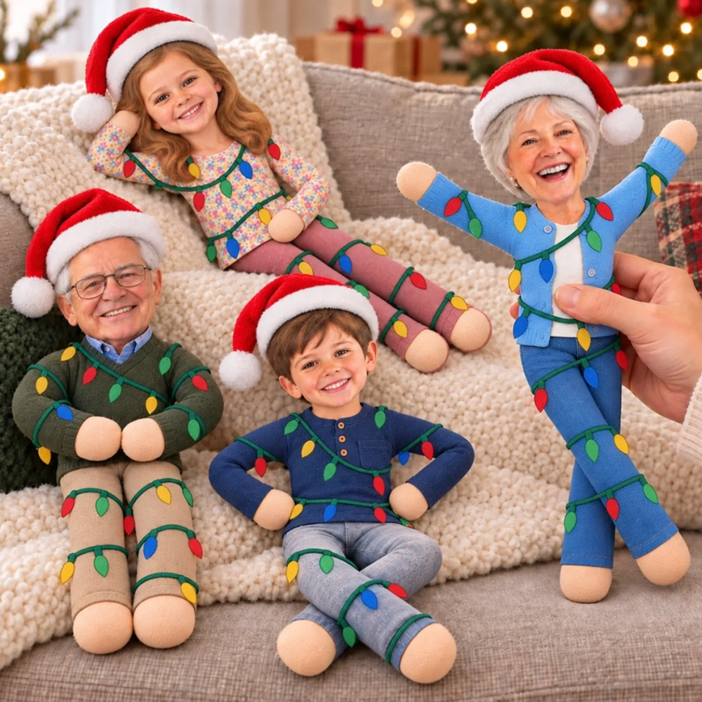 Personalized Poseable Plush Doll Custom Photo Christmas Light Poseable Doll Holiday Gifts For Sisters, Coworkers And Family