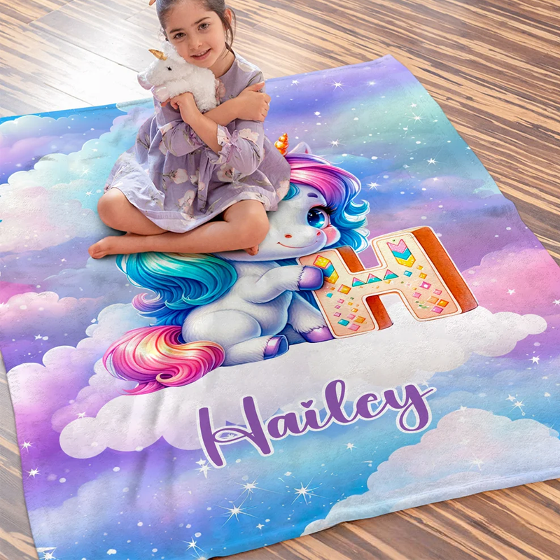 Personalized Gradient Dreamy Dream Horse Initial Design Soft Throw Blanket with Name Room Decor Christmas Gift for Women Girls