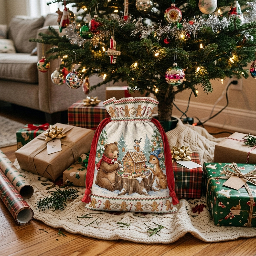 Christmas Santa Sack With Name Woodland Animals Gingerbread House Holiday Gift Bag Kids