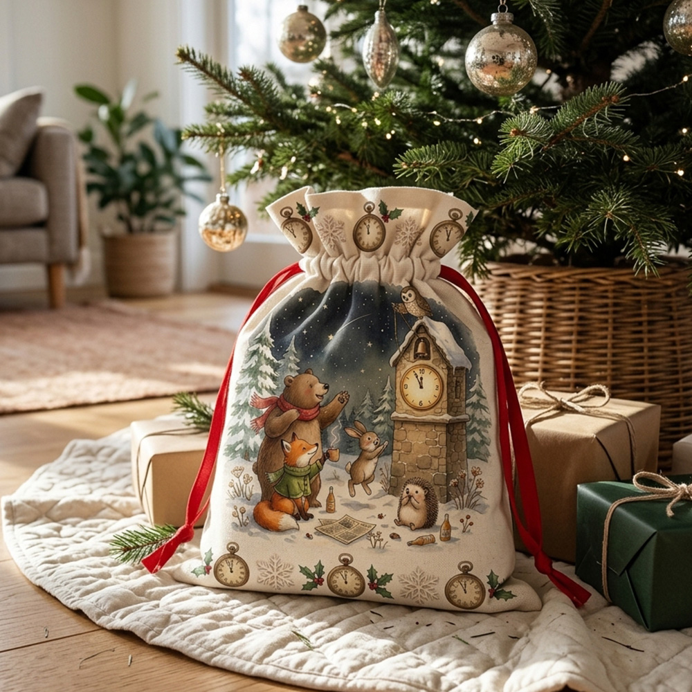 New Year Eve Christmas Sack Woodland Animals Clock Tower Countdown Holiday Gift Bag for Kids