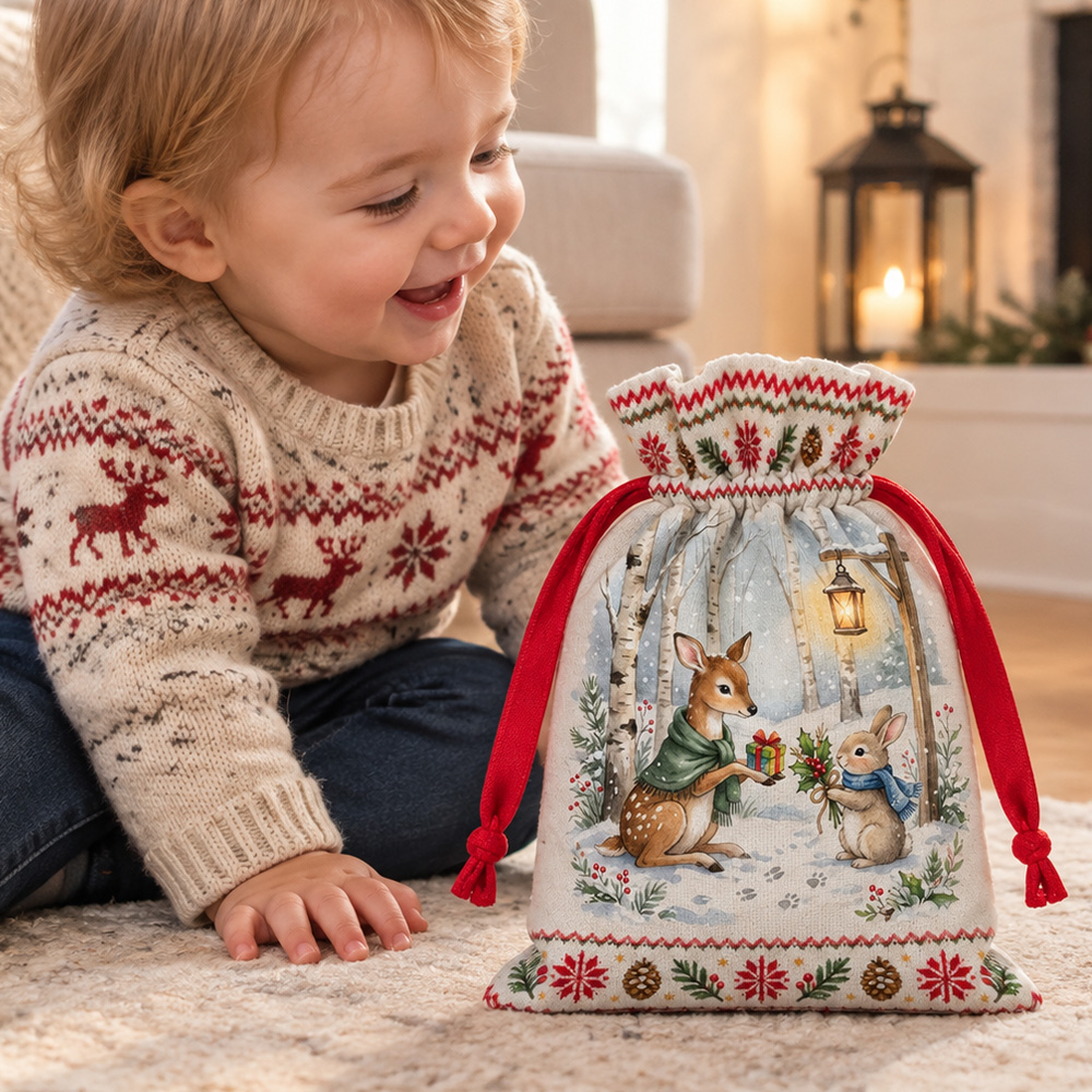 Winter Animal Gift Bag With Deer And Bunny Christmas Treat Sack For Kids Holiday Joy