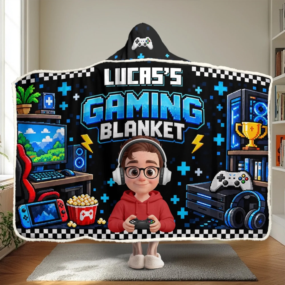 Personalized Wearable Blanket Hoodie Gaming Blanket Custom Name and Photo Gaming Gifts for Kids