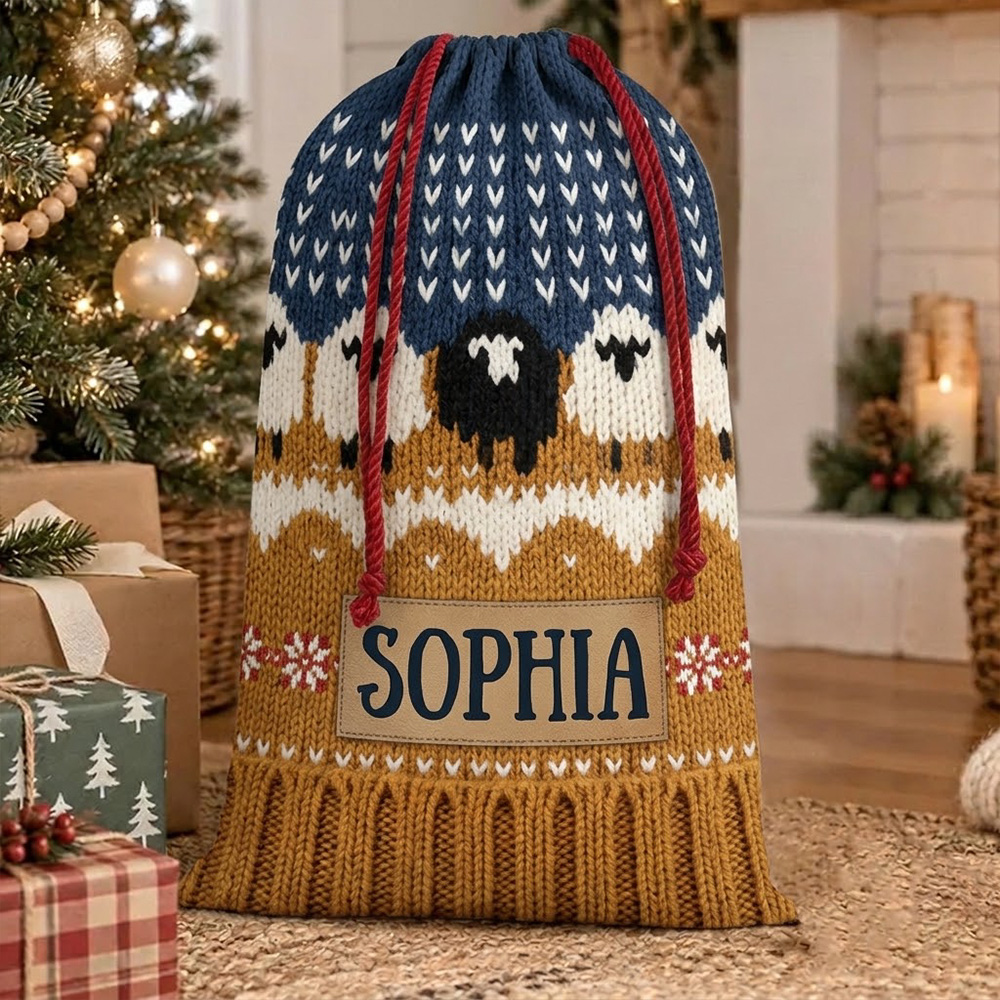 Personalized Flat printing Knitted Christmas Santa Sack With Custom Name Sheep Fair Isle Holiday Gift Bag for Kids