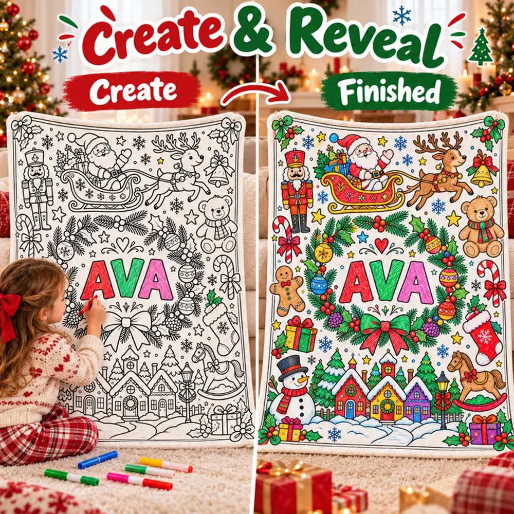 Personalized Christmas Coloring Blanket Custom Name Kids Holiday Activity Gift Family Keepsake