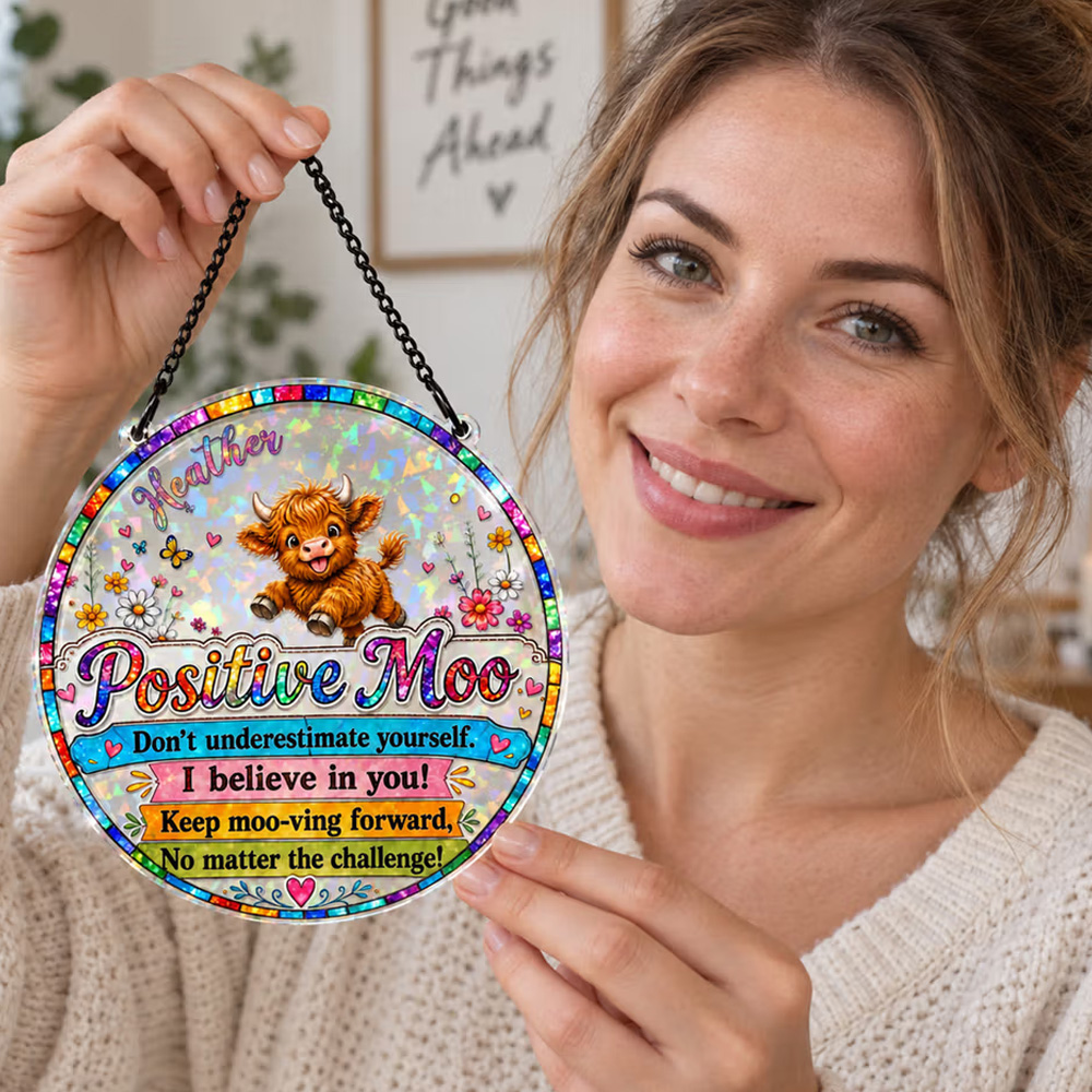 Personalized Colorful Highland Cow Positive Moo Floral Butterfly Sun Catcher with Name Birthday Housewarming Encouragement Gift for Women Friends