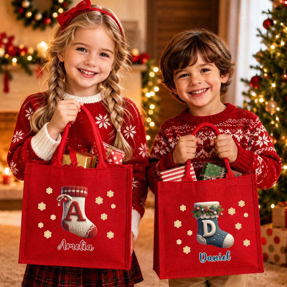 Personalized Christmas Theme Stocking Initial Large Capacity Red Jute Tote Bag with Name Christmas Party Gift for Kids Friends