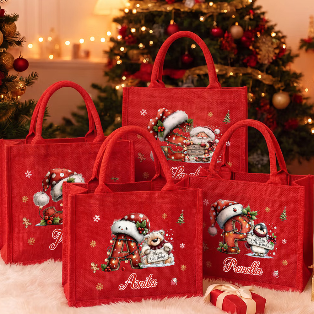 Personalized Cute Christmas Animal Santa Hat Reusable Red Linen Tote Gift Bag with Initial and Name Christmas Party Gift for Family Kids