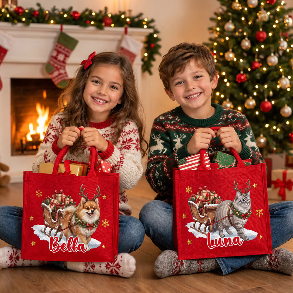 Personalized Cute Pet Photo Christmas Elk Antlers Large Capacity Red Jute Tote Bag with Name Christmas Party Gift for Kids Pet Lovers