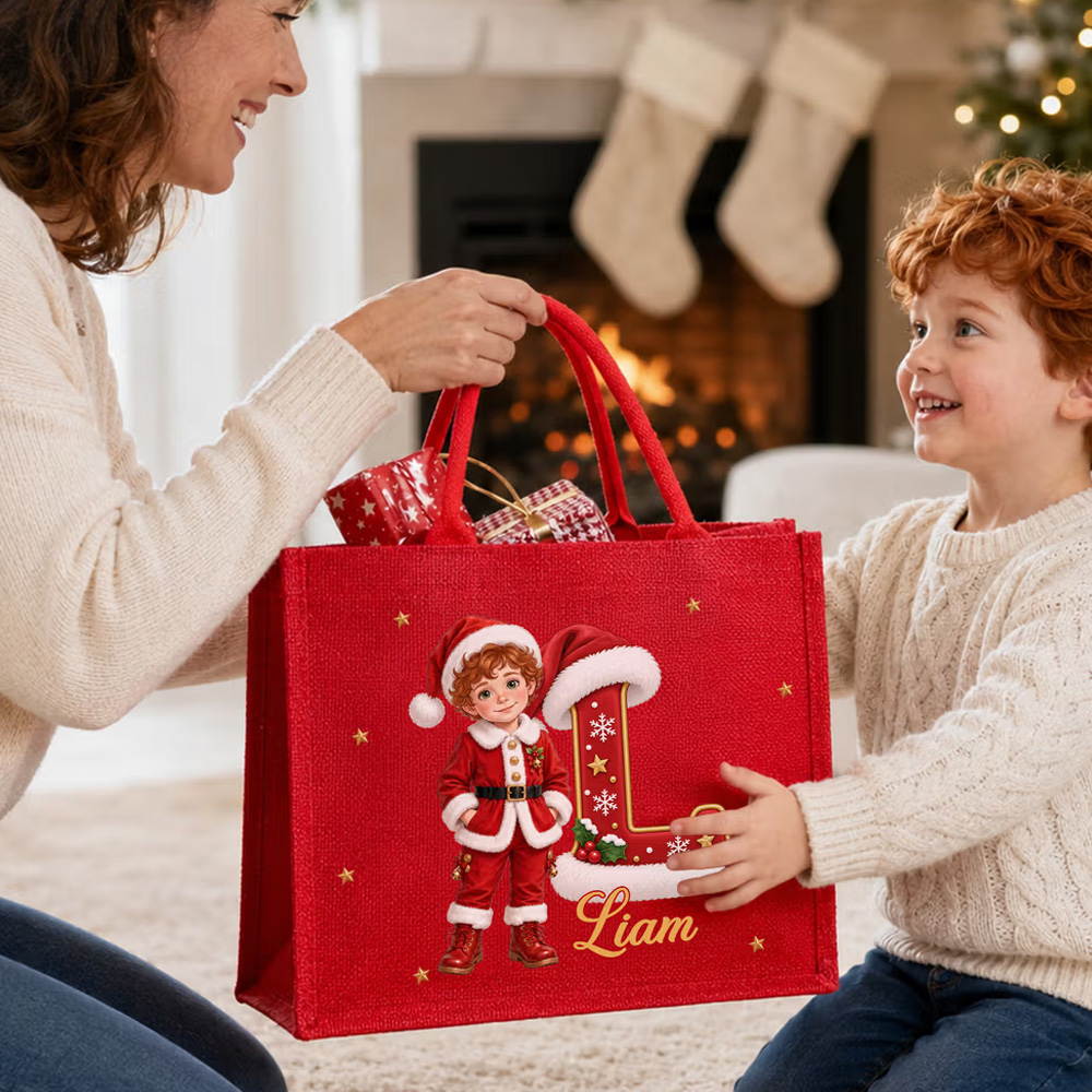 Personalized Cartoon Christmas Style 3D Character Photo Burlap Tote Bags with Name Christmas Eve Gift for Kids Girls Boys