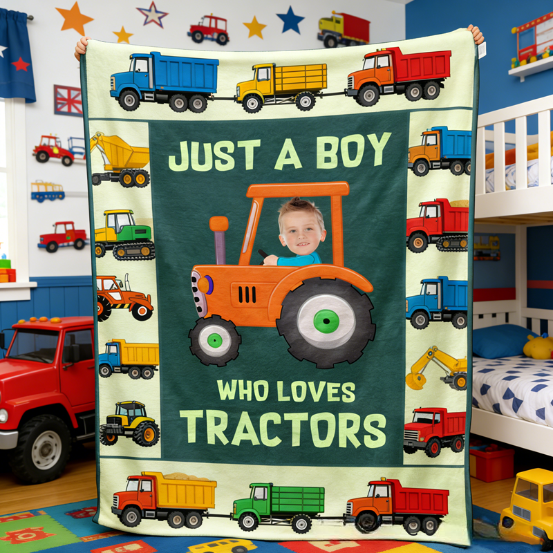 Personalized Just A kid Who Loves Tractors Baby Photo Blanket with Name Home Decor Birthday Gift for Kids