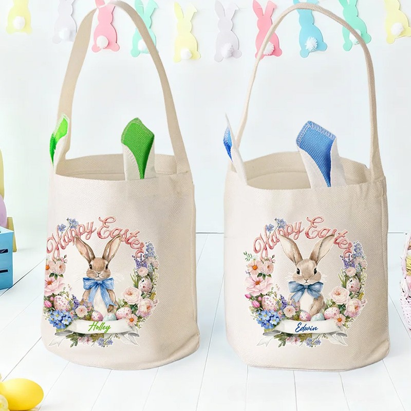 Personalized Wreath Cartoon Rabbit Easter Basket with Name and Bunny Ears Egg Hunting Accessory Easter Gift for Kids