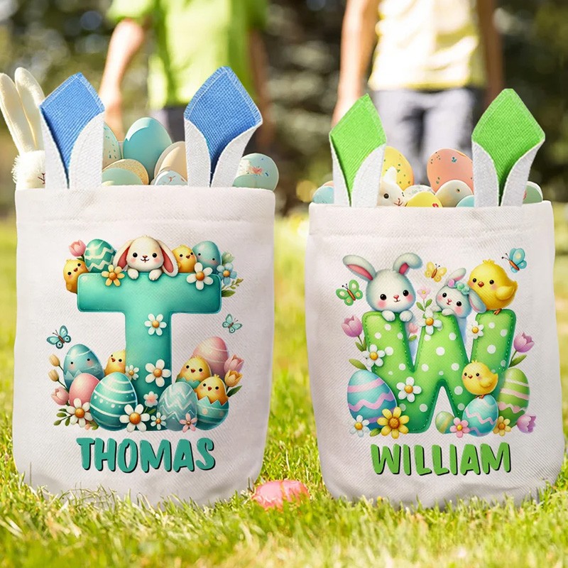 Personalized Cartoon Easter Bunny Ears Large Capacity Basket with Name and Initial Easter Eggs Hunting Party Easter Gift for Kids