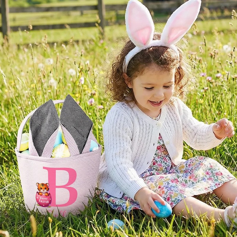 Personalized Multi Color Cute Animal Bunny Ears Easter Basket with Name and Initial Daily Use Holiday Party Easter Gift for Children