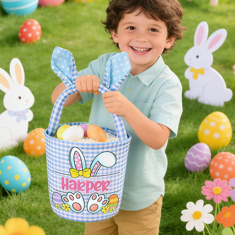 Personalized Easter Bunny Theme Name Gingham Fabric Basket with Ears Kids Egg Hunt Gift Tote Spring Storage Basket