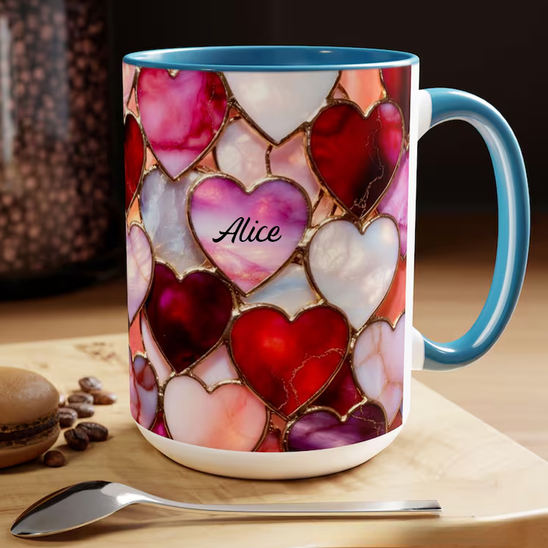 Personalized Stained Glass Hearts Mug with Name Romantic Pastel Coffee Cup Birthday Gift 