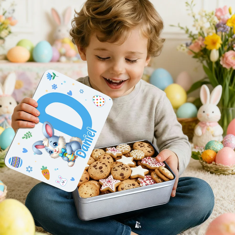 Personalized Cartoon Bunny Easter Eggs Food Grade Metal Biscuit Tin Storage Box with Name Easter Holiday Gift for Family Kids