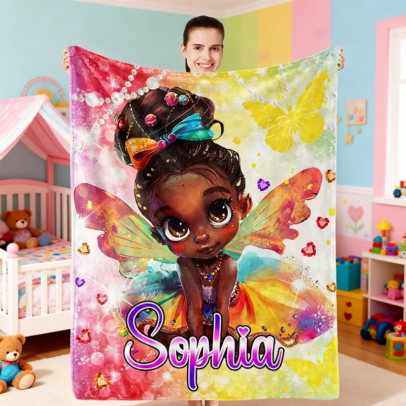 Personalized Afro Girl Fleece Soft Throw Blanket with Name Birthday Gift for Children Girls