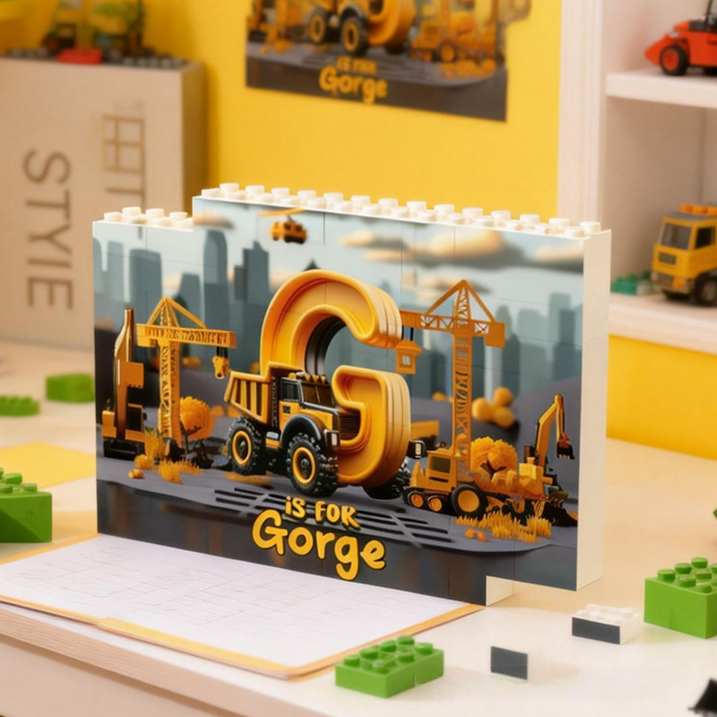 Personalized Construction Vehicles Letters Kid Double Sided Horizontal Rectangle Building Brick Blocks