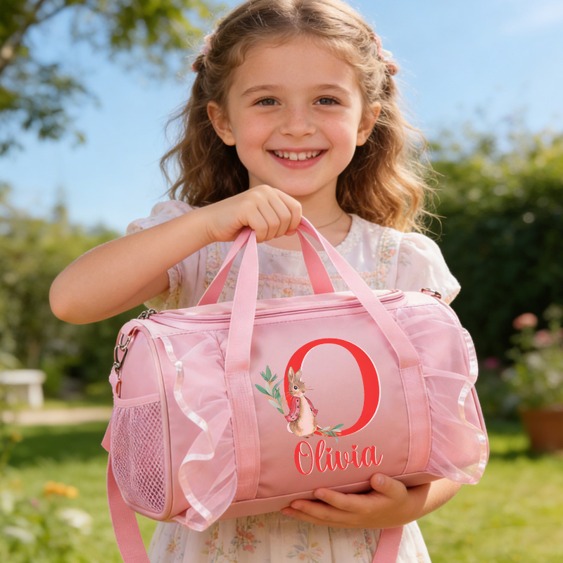 Personalized Floral Alphabet Letter Theme Name Pink Lace Trim Cute Girl Travel Overnight Tote Weekend Gift Duffle Bag