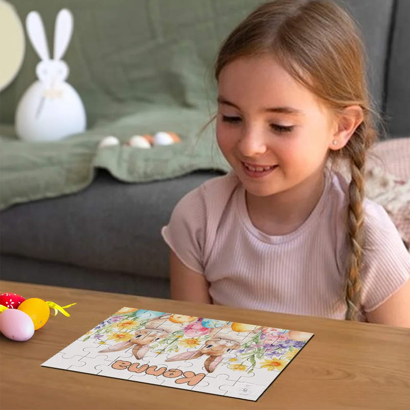 Personalized Floral Easter Eggs Cute Bunny 35 Pieces Puzzle with Name Holiday Basket Stuffers Easter Party Birthday Gift for Boys Girls