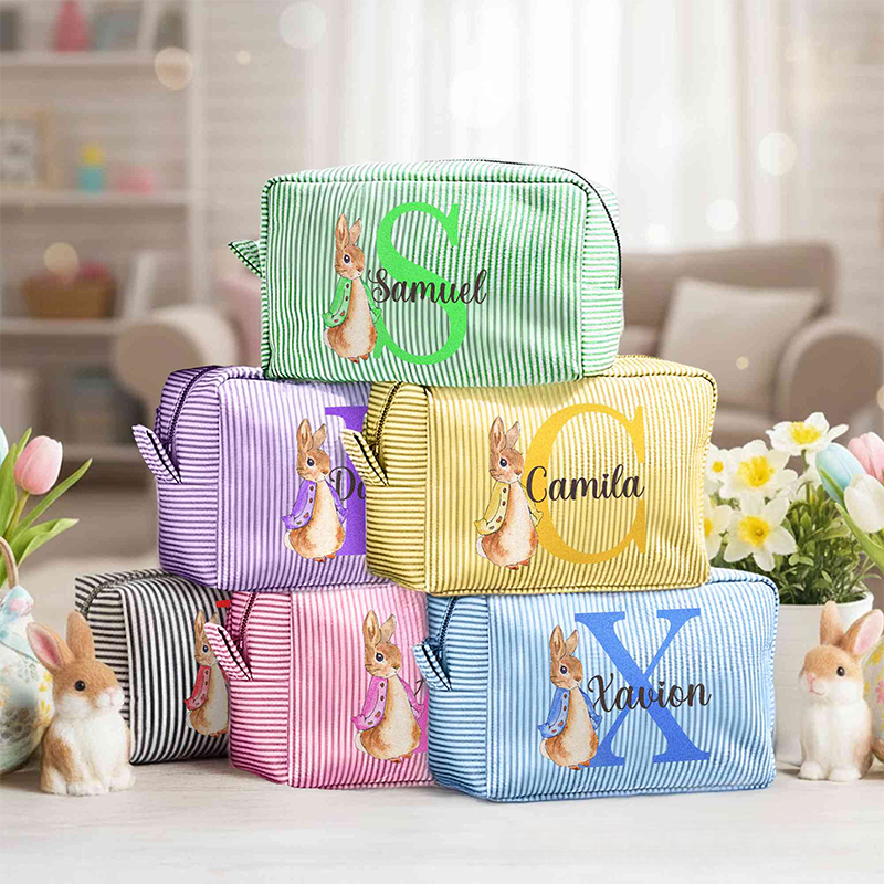 Personalized Name Rabbit Bunny Alphabet Striped Makeup Bag Travel Toiletry Pouch Birthday Easter Gift for Her Girls 