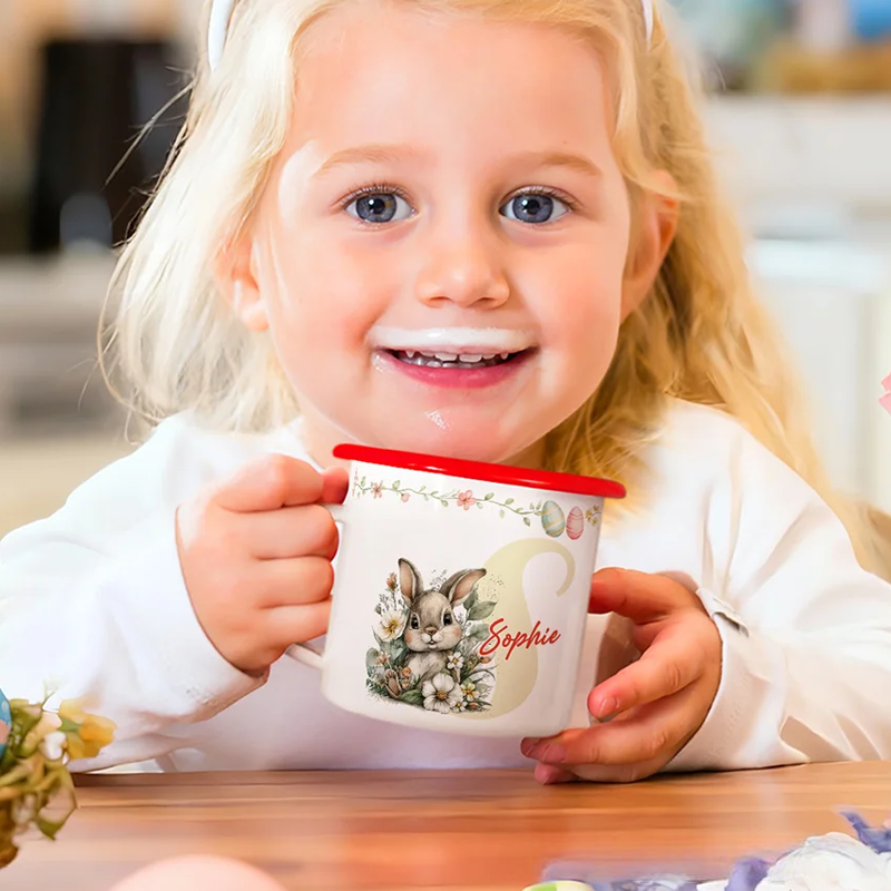 Personalized Cartoon Easter Bunny Initial 12 oz Colored Rim Enamel Mug with Name Easter Gift for Boys and Girls