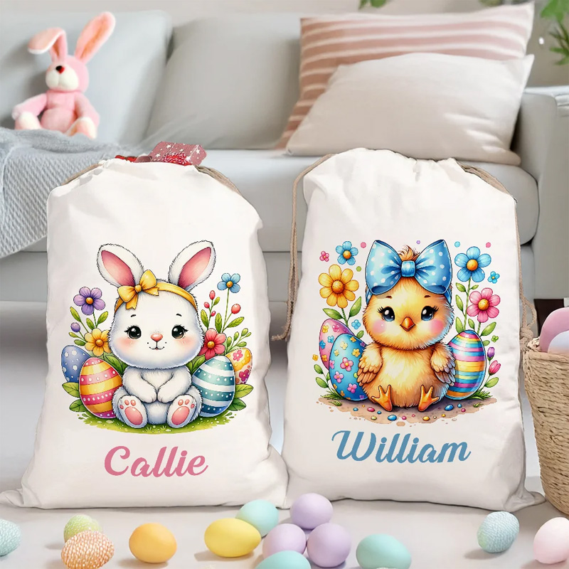 Personalized Cute Cartoon Rabbit Chick Easter Drawstring Gift Bag with Name Birthday Easter Party Gift for Kids Family