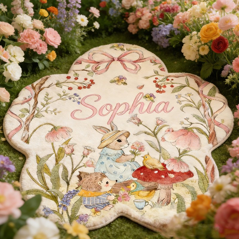 Personalized Woodland Theme Custom Name Cute Animal Forest Scene Soft Flower Shape Carpet Rug for Kids
