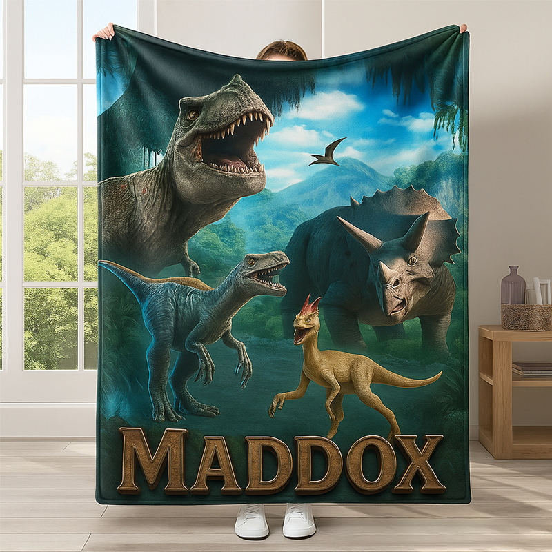 Personalized Dinosaur Themed Blanket with Name Home Decor Birthday Gift for Boys Dinosaur Lovers