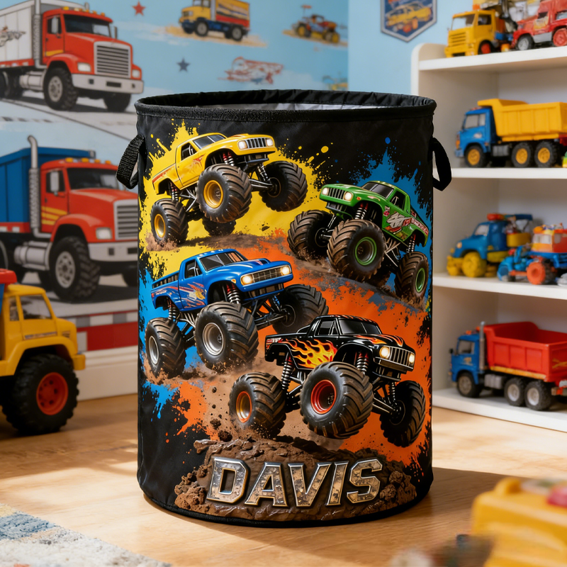 Personalized Monster Truck Themed Laundry Hamper Birthday Gift for Kids