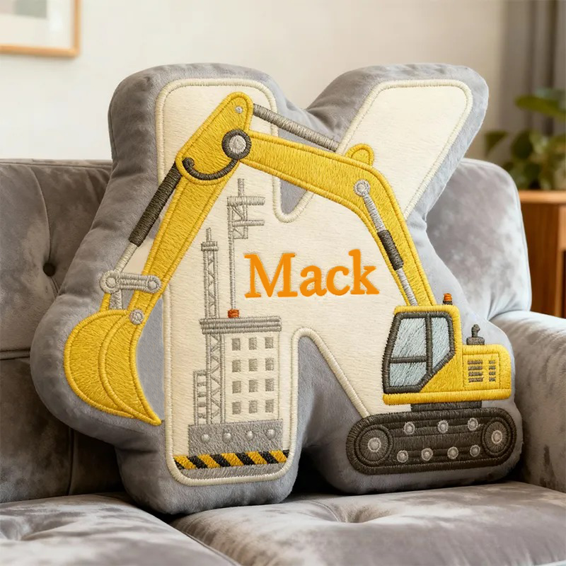 Personalized Excavator Theme Initial Name Graphic 3D Print Pillow Christmas Gift for Kids